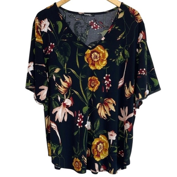 George Floral Print Short Raw Hem Sleeve V-Neck Top Stretch Plus Size 3X - Picture 2 of 13